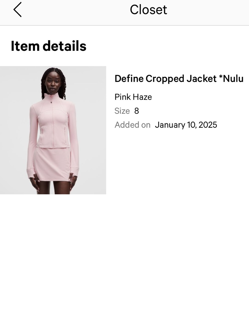 Lululemon define pink cropped jacket size 8